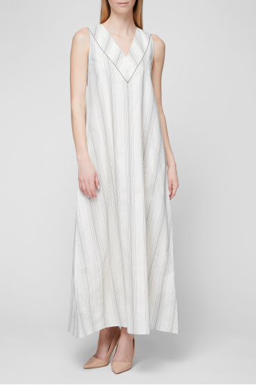 Женское белое шелковое платье в полоску - 5