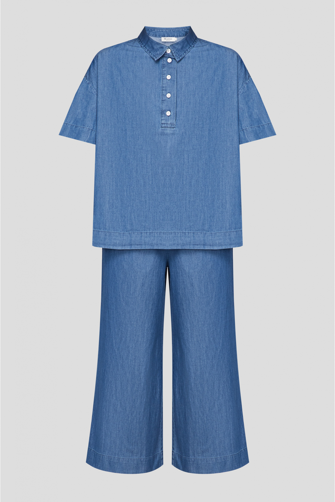 Жіночий синій джинсовий костюм (поло, кюлоти) - 1