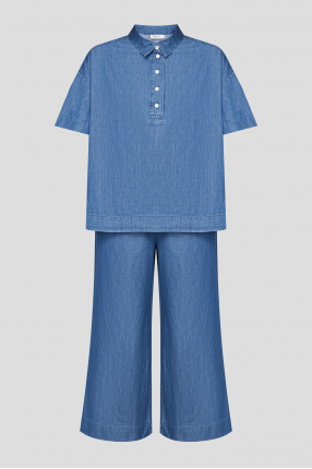 Женский синий джинсовый костюм (поло, кюлоты)