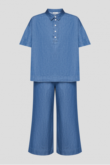 Жіночий синій джинсовий костюм (поло, кюлоти) - 1