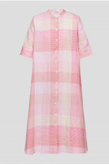 Женское розовое льняное платье в клетку