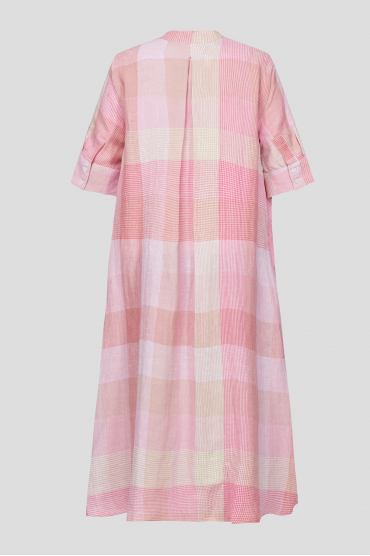 Женское розовое льняное платье в клетку - 2