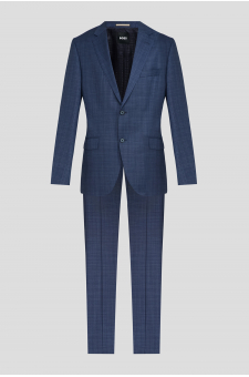 Мужской синий шерстяной костюм в клетку (пиджак, брюки)