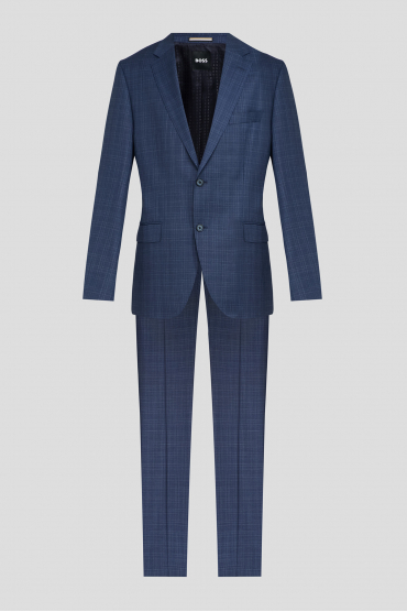 Мужской синий шерстяной костюм в клетку (пиджак, брюки) - 1